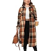CYCLAMEN 2024 Women's Plus Size 1X-5X Long Flannel Plaid Shacket Jacket Calf-Length Button Down Coat Shirt Pocket Fall Winter