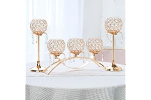 Kehail Set of 3 Gold Crystal Tea Light Candlestick Holders Flower Shape with Crystal Pendant Bowl Votive Metal Candle Holder for Table Centerpieces Wedding Home Decor (Set of 3, Gold)