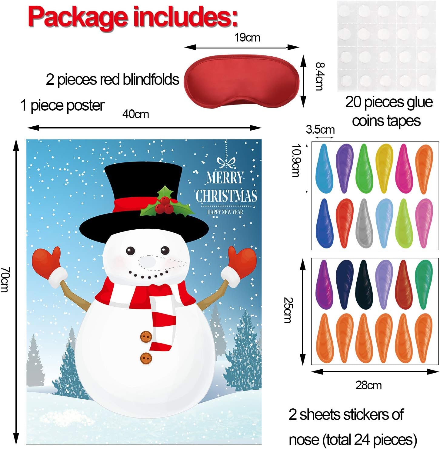 Gejoy Christmas Party Pin Games Set Pin The Nose on The Snowman Pin The Beard on The Santa Claus Pin The Nose on The Reindeer for New Year Xmas Party Supplies(Snowman) - Image 3