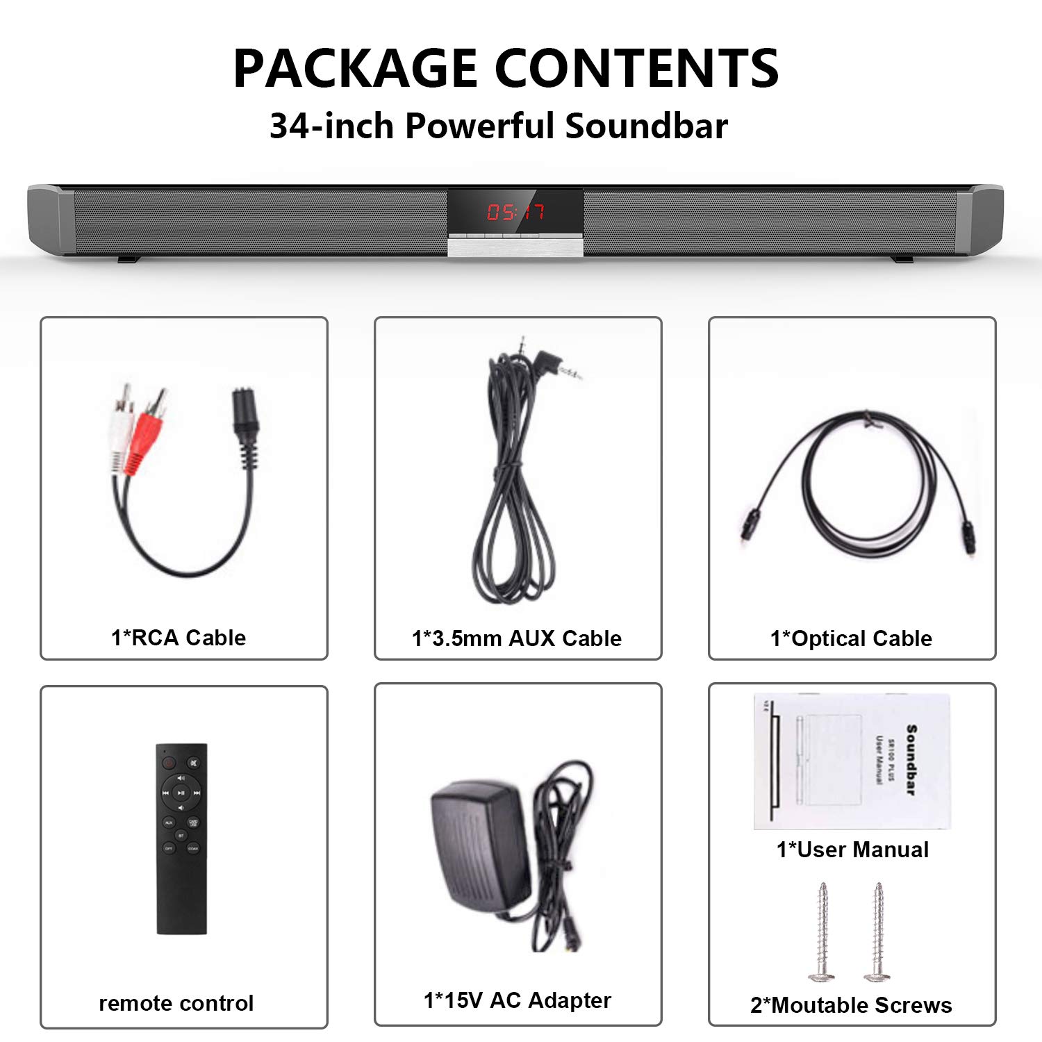 Sound Bar, 2.0 Channel Wired&Wireless Bluetooth Stereo Soundbar, Three Equalizer Mode Audio Speaker for TV (Optical Cable Included,DSP,Bass Adjustable,Wall Mountable)