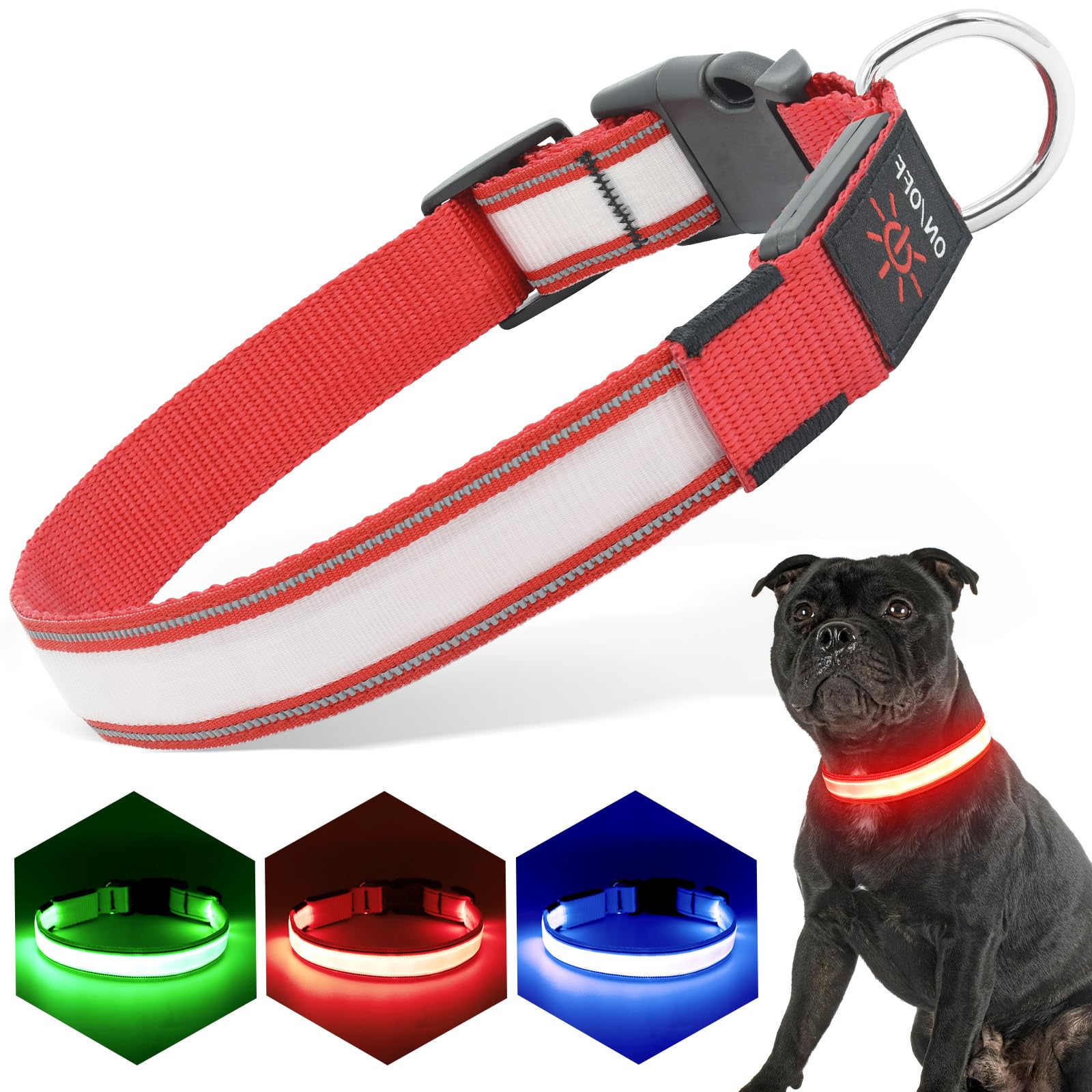 PZRLit Light Up Dog Collar Light Rechargeable, Fully Adjustable LED Dog Collar Waterproof, 3 Flashing Modes Glow Dark Dog Collars for Night Walking for Medium Large Dogs