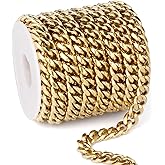 16.5FT Gold Stainless Steel Cuban Chain Roll 9mm 18K Gold PVD Plated Curb Link Chain Spool Bulk for Jewelry Making