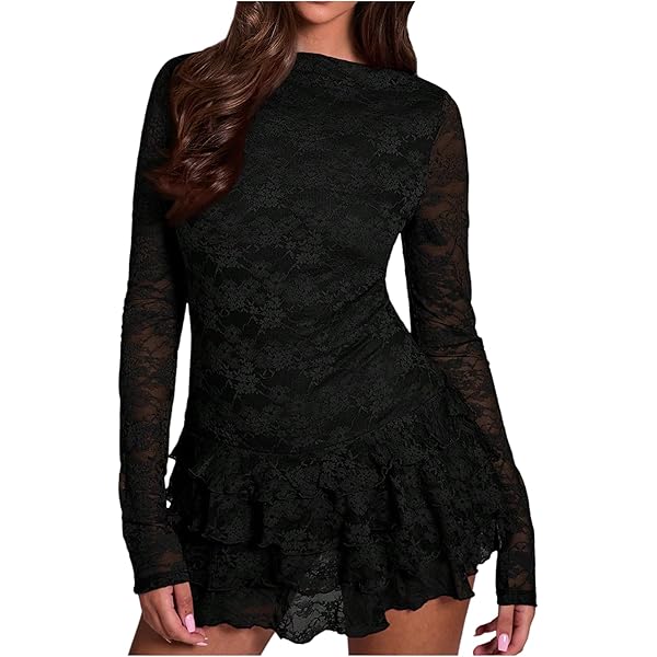 Black Lace Dress Long Sleeve Short Elegant Fitted Party Fashion Mini Dress ( Black,Small) at Amazon Women's Clothing store