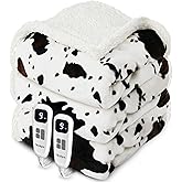 blunique Cow Print Electric Heated Blanket Queen-Dual Control Heating Blanket Queen Size with 10 Heat Levels & 10 Hours Auto-Off, Cozy Soft Fleece Sherpa, Washable, 84x90 Inches Cow Print White