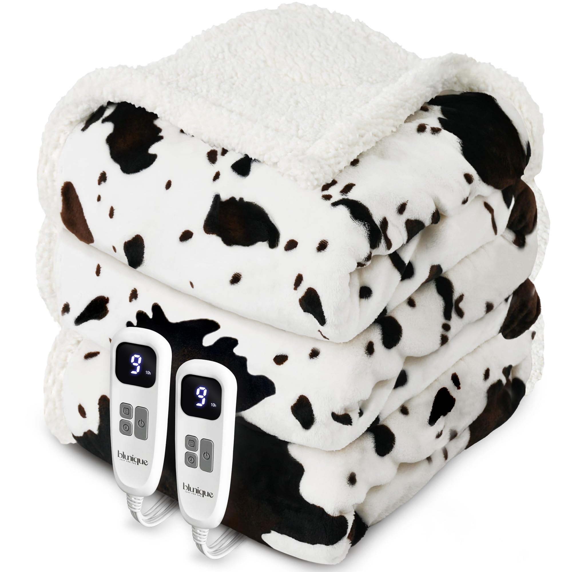Photo 1 of blunique Cow Print Heated Electric Blanket King Size-Dual Control Heating Blanket King Size with 10 Heat Levels & 10 Hours Auto-Off, Cozy Soft Fleece Sherpa, Washable, 90x100 Inches Cow Print White