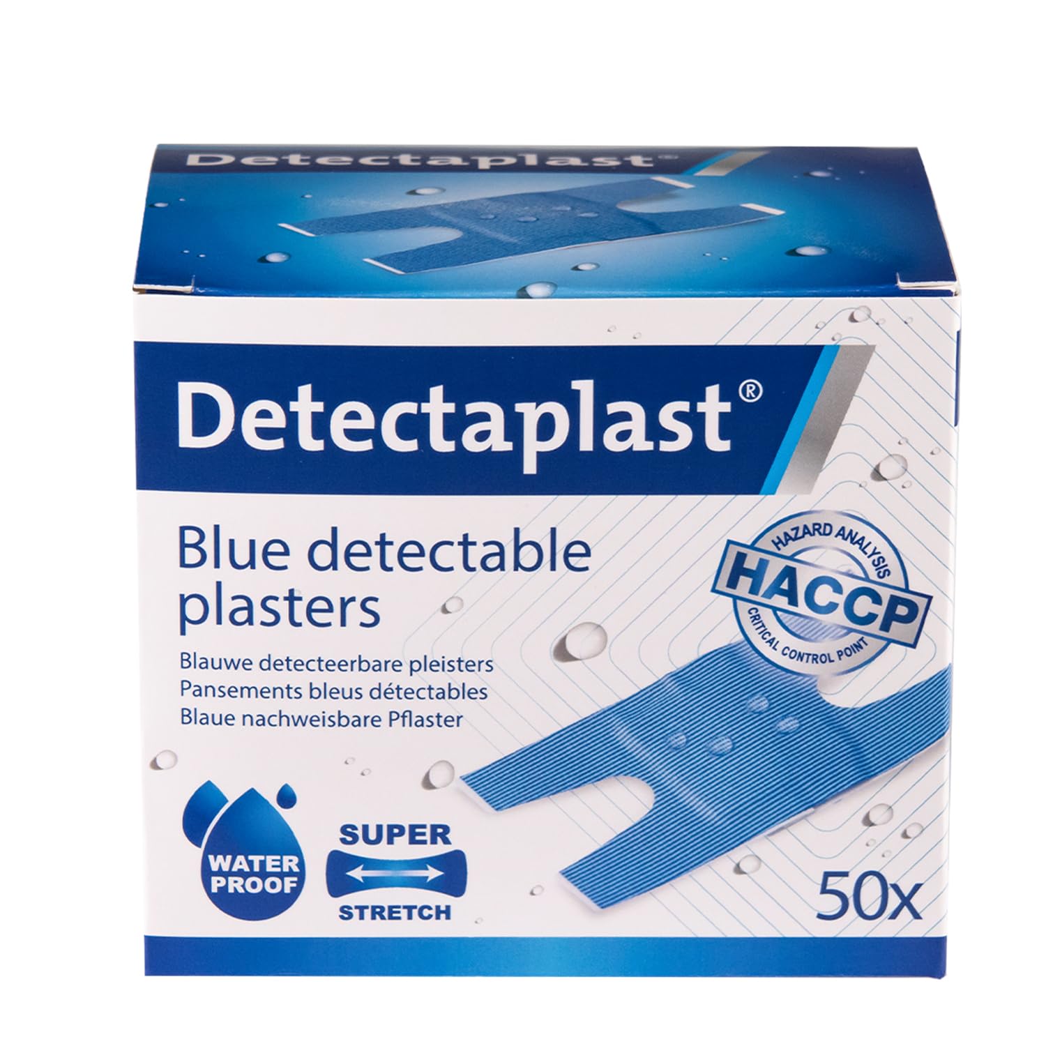 Detectaplast Blue plasters Premium, Metal detectable and Waterproof plasters, Essential for Catering First aid kit in Food handling environments, Kitchen aid, 68 x 38 mm (Knuckle), 50 Strips