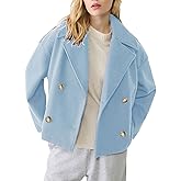 Korebow Womens Cropped Pea Coat Long Sleeve Notched Lapel Trench Overcoat Casual Double Breasted Jackets with Pockets