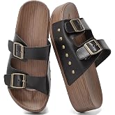 Bkiborkb Women's Cork Footbed Sandals, Double Buckle Slip-On Slides Outdoor | Bkiborkb Women's Cork Footbed Sandals, Double Buckle Slip-On Slides with Arch Support, Comfortable Summer Beach Shoes Outdoor