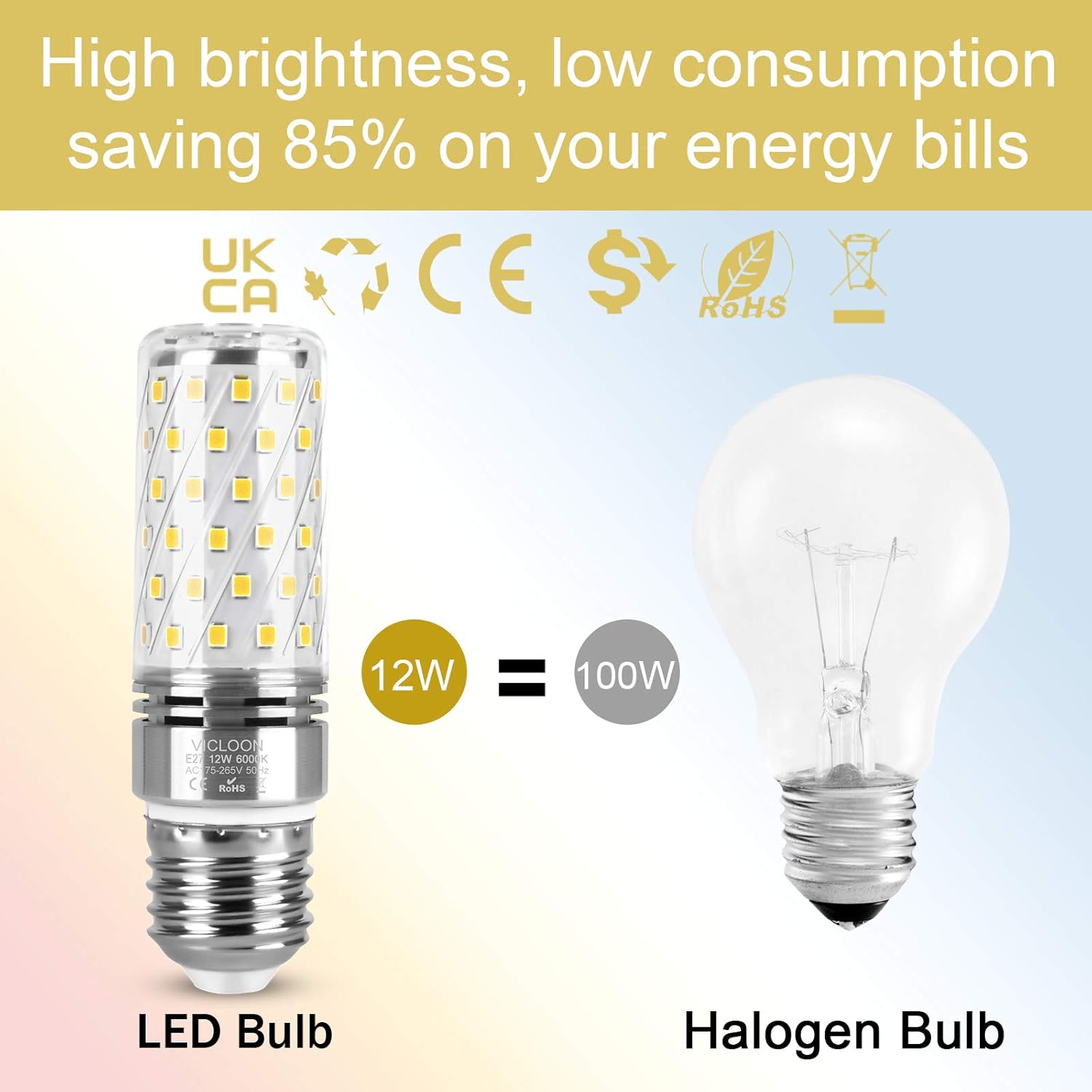 Vicloon E27 LED Corn Bulbs, 4 Pcs E27 LED Light Bulbs 12W Equivalent to 100W Halogen Bulbs, 6000K White - Image 5