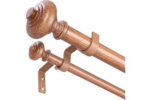 WOLISTSA Wood Double Curtain Rods for Windows 72 to 144 inch, Boho Vintage Decorative 1 Inch Adjustable Long Dual Curtain Rod, Heavy Duty Farmhouse Double Drapery Pole with Imitation Wood Grain Finial