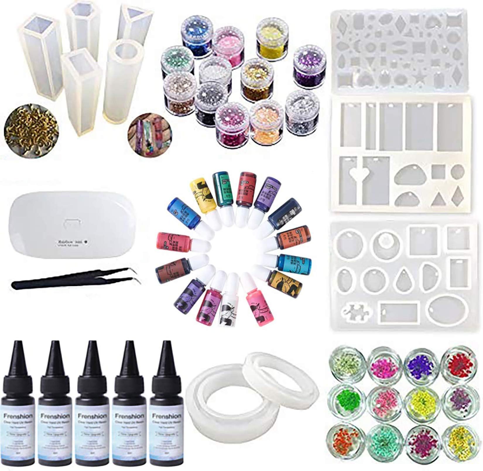 Frenshion 5 Pieces 30ML Crystal Resin UV Glue,1 Pcs Mini UV LED Lamp, 1 Tweezer 24Pcs Decoration, 15 Colorful Pigment 10Pcs Transparant Silicone Mould For Jewelry Earrings Necklace Bracelet