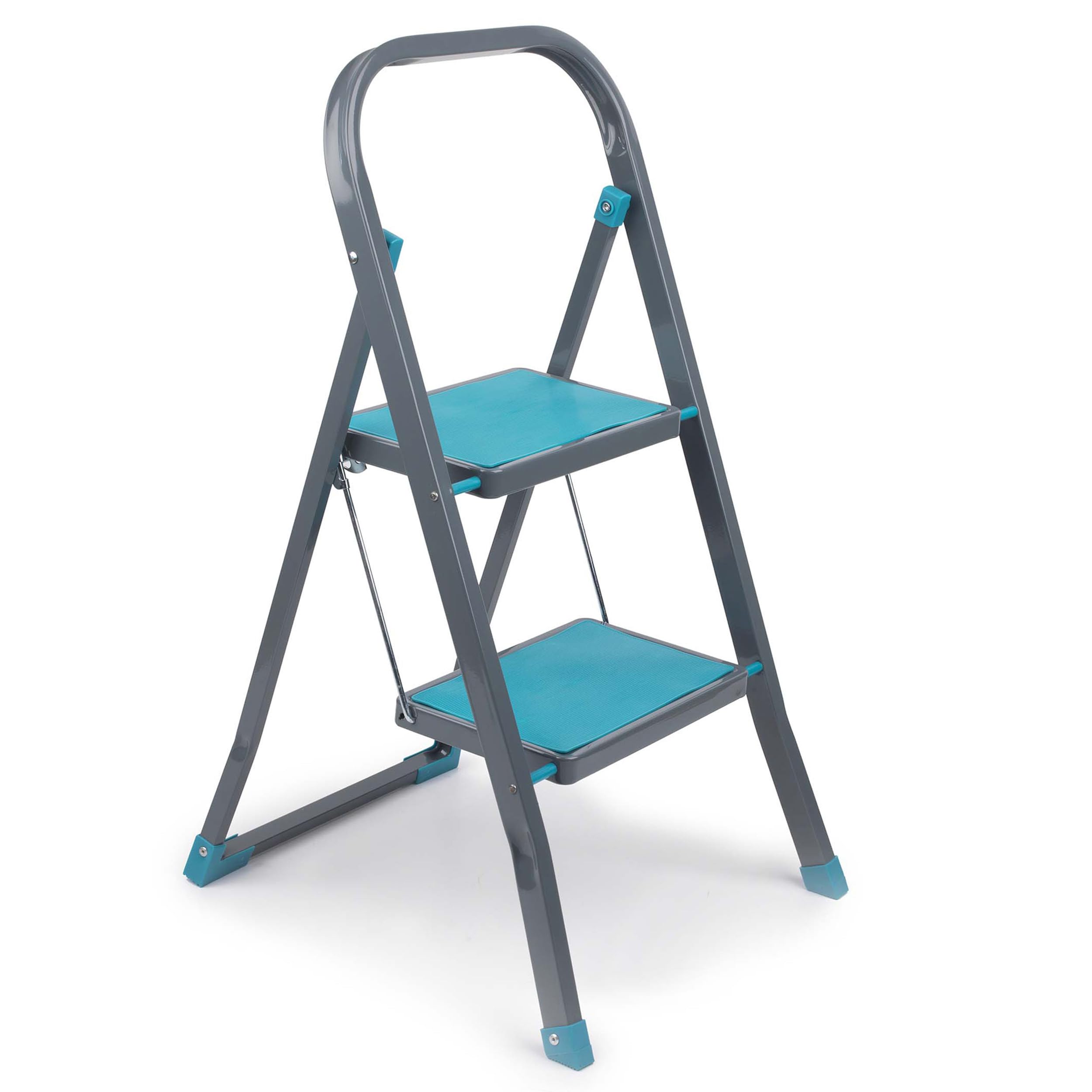 Beldray Foldable 2 Step Steel Ladder – Safety Non-Slip Steps & Feet, Outdoor & Indoor DIY, Durable & Sturdy, Folds Easy For Neat Storage, Safety Clip, Approx 2m Reach Height, Turquoise/Grey