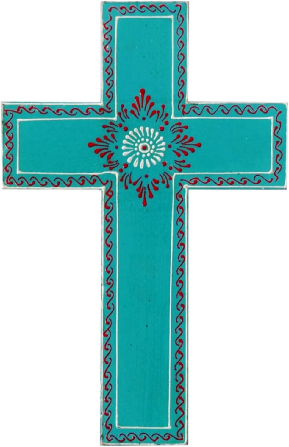 Purpledip Wooden Wall Cross 'Breath Of Life': Handpainted Mangowood Plaque, Blue (11446D), 25.4L x 16.5W cm