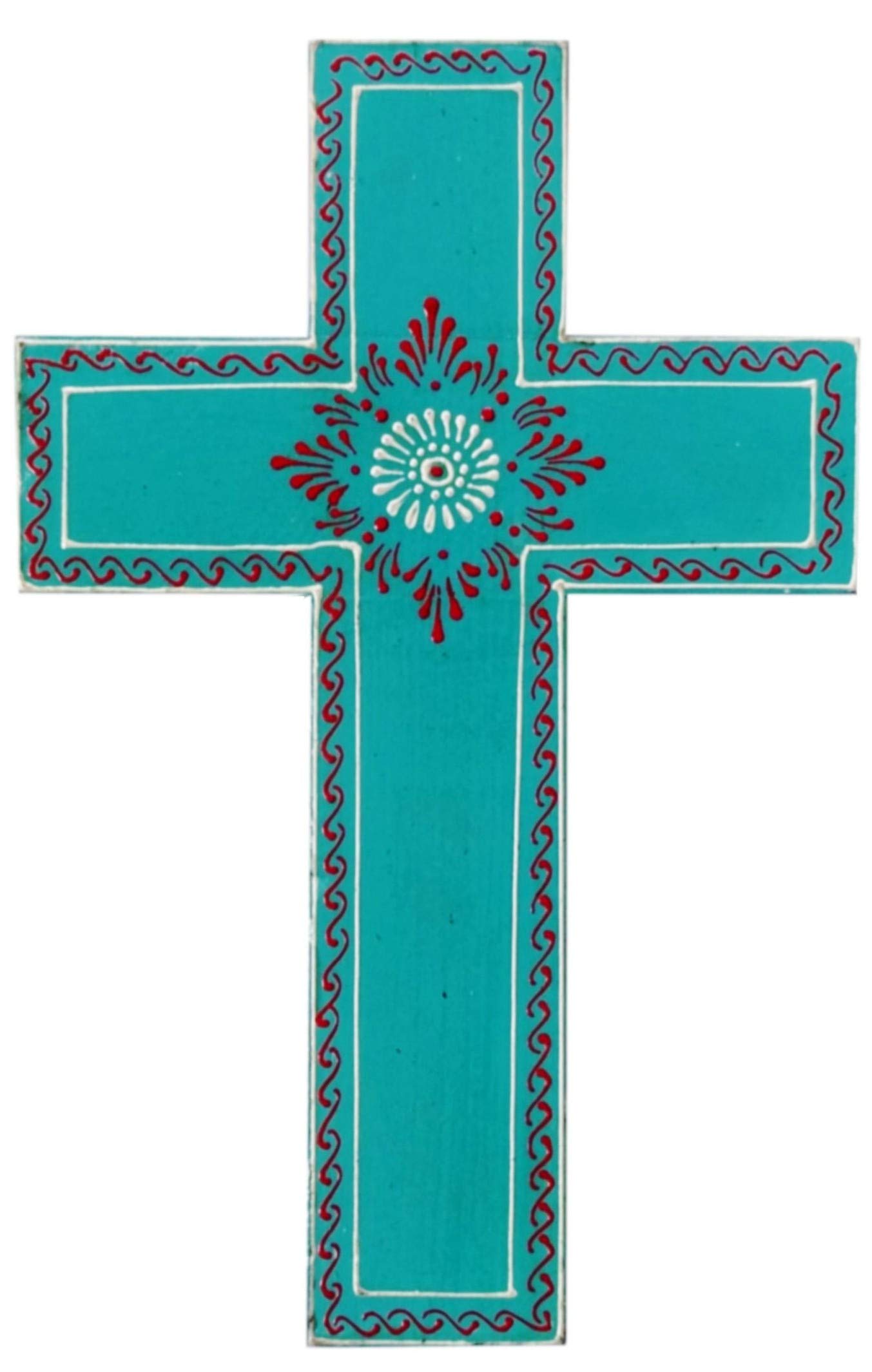 Purpledip Wooden Wall Cross 'Breath Of Life': Handpainted Mangowood Plaque, Blue (11446D)