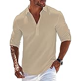 OYOZONE Mens Linen Polo Shirts Long Roll-Up Sleeve Casual Summer Beach Vacation Hippie T-Shirts