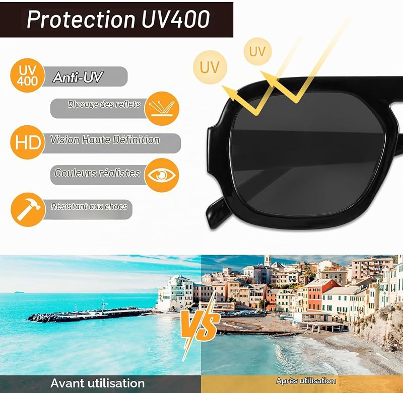 2 Pièces Lunettes de Soleil Femme Homme Carrées Rétro de Soleil Protection UV400