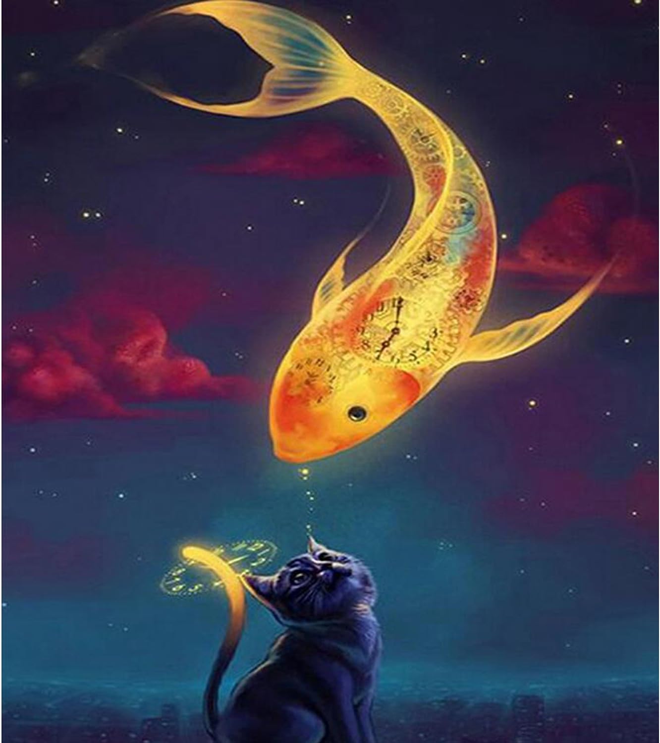 5D DIY Diamond Painting Full Square Drill Cat and Fish Embroidery for Wall Decoration 10X12inches 25X30CM (Cat-Fish) (Cat Fish)