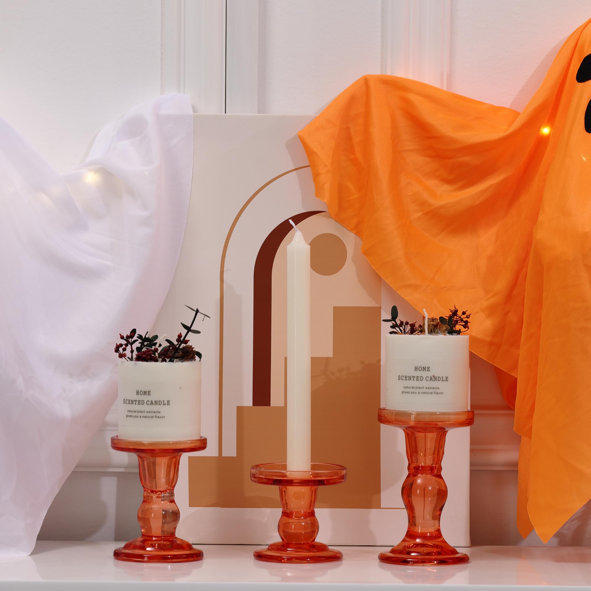 Orange Glass Candle Holder Set, QENUIITEA Set of 3 Clear Candlesticks Holders Pillar Taper Candles Tea Light Stand for Centerpieces Church Wedding Party Home Decor Dining Table