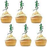 Set of 24 Gecko Cupcake Toppers for Kids Birthday, Green Glitter Reptile Pet Sign Cupcake Toppers, Cake Decorations for 1st Birthday/Baby Shower Party Supplies