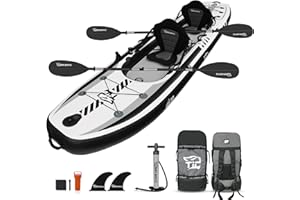 TIGERXBANG 12'8" Inflatable Tandem Kayak, Fishing & Touring, 2 Seats, Adjustable Paddle, Perfect for Family Adventures & Fish