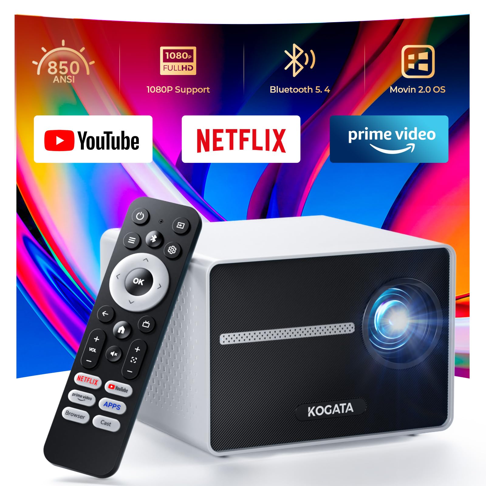 Photo 1 of [850ANSI/Built in Apps] Portable Mini Projector with WiFi and Bluetooth, Kogata Outdoor Movie Proyector, Electric Focus/4P Keystone/HDR10, 1080P HD Projector for Bedroom Home Theater