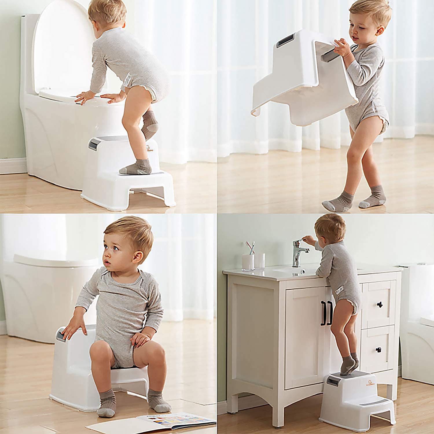 Angelbliss Dual Height 2 Step Stool for Kids, Versatile Toddler Stool with Anti-Slip Soft-Grips and Safety Anti-Slip Pads, Potty Training Stool for Bathroom, Kitchen(Gray 2 Pack) (Grey-2) : Baby