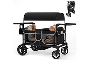 TOLEAD Wagon Stroller for 4 Kids, Foldable 4 Seats Outdoor Stroller Wagon with Canopy, Adjustable Handlebars, 5-Point Safety Harness, Detachable Tray, Portable Bag, Black