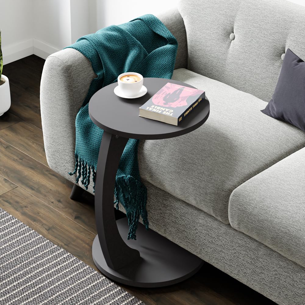 C-Shaped Round End Table with Rolling Wheels