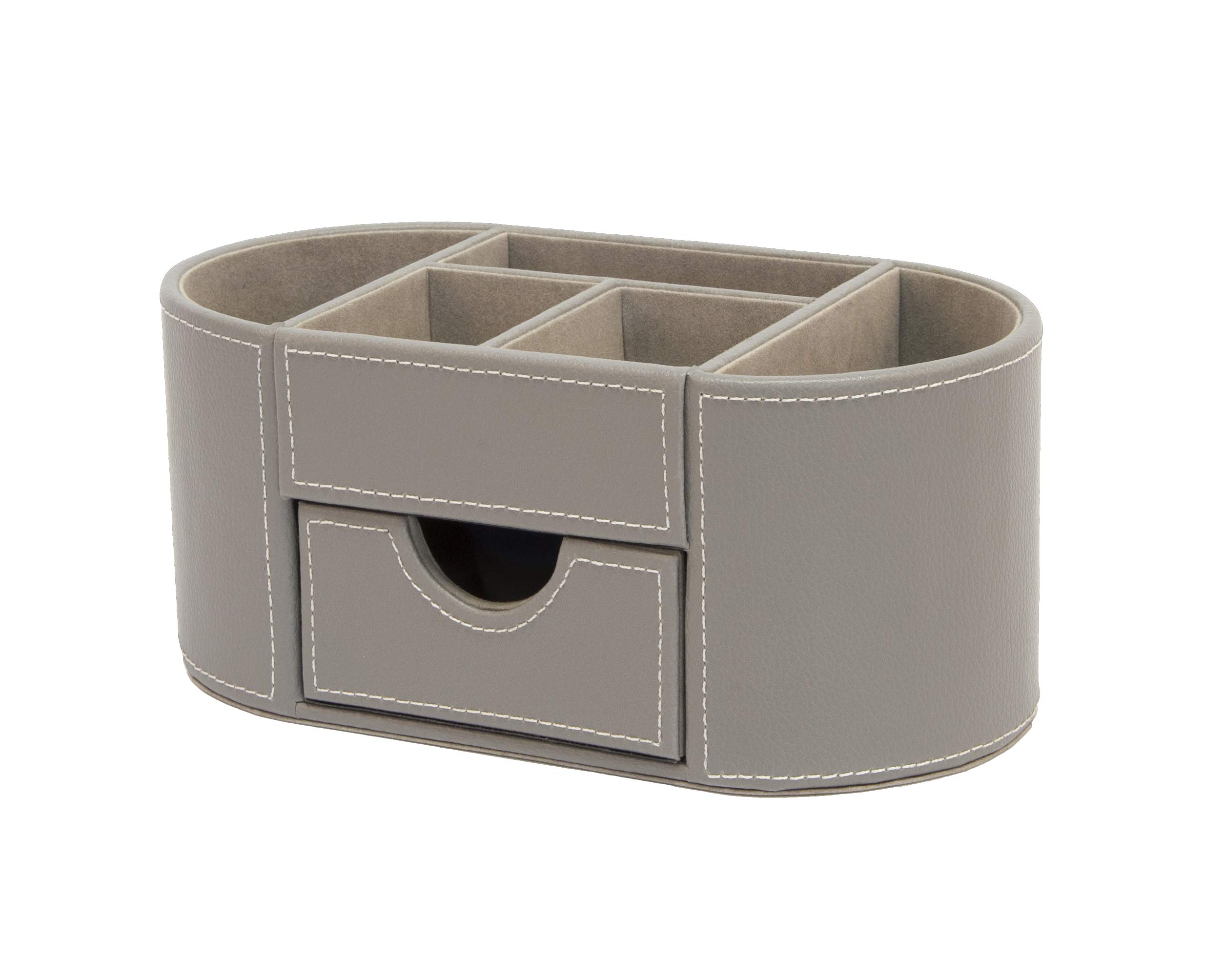 OSCO Faux Leather Desk Organiser with Drawer, Office Desk Tidy, Pen Holder, Makeup Container, Pencil Storage, Stationery Caddy with 6 Compartments, H10 x W23 x D12 cm, Grey