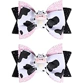 2pcs Glitter Pink Cow Print Hair Bow Clips for Toddler Teen Baby Girls Country Birthday Party Gift Cute Cow Ribbon Alligator Barrettes Outfit Dress Costume Decor Accessory 3 inch