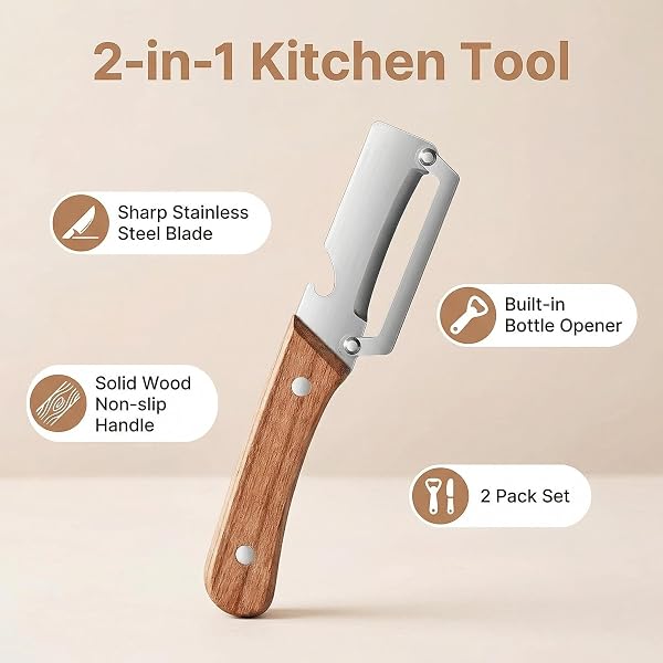 MULTIFUNCTIONAL PREMIUM VEGETABLE PEELER WITH WOODEN HANDLE, STAINLESS STEEL BLADE & BOTTLE OPENER, NON-SLIP KITCHEN TOOL FOR FRUIT, APPLE, POTATO, PUMPKIN, PAPAYA, ZUCCHINI (1PC)