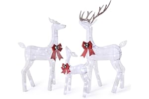 FUNNGO 3-Piece Large Lighted Christmas Deer Family Set - 3D White Reindeer Christmas Outdoor Yard Decorations with 200 Led Warm White Lights, 10:1 Flickering Lights, Stakes, Zip Ties