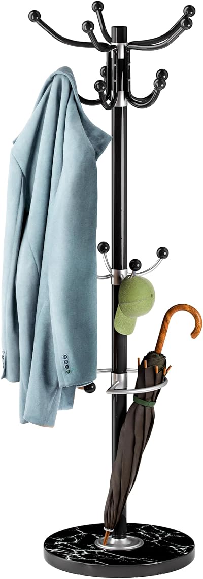 CASARIA Elegant Coat Rack with Marble Base 14 Rotatable Hangers 175cm Black