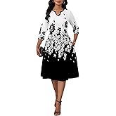 SUZONANA Midi Dresses for Women Casual 3/4 Sleeve Flowy Wedding Dress Plus Size Sundress with Pockets