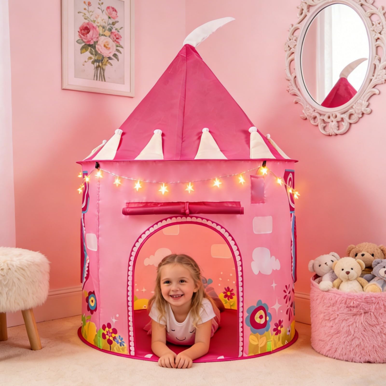 ROIWUIE Princess Castle Play Tent for Kids, Girls' Pop-Up Play Tent with Star Lights, Indoor/Outdoor Foldable Pink Play Tent Fabulous Gift for Little Girls