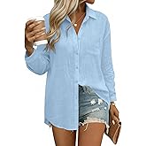 HOTOUCH Womens Button Down Shirts Linen Cotton Long Sleeve Blouses Casual Collared Loose Fit Gauze Tops with Pocket