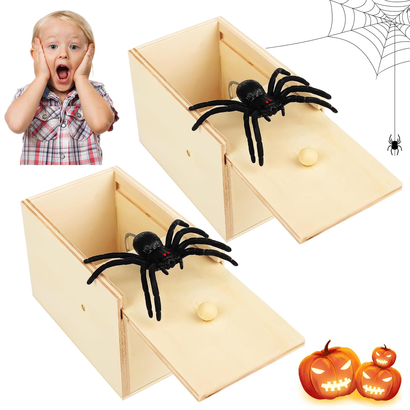 Spider in a Box Prank, Wooden Spider Scare Box 2-Piece Set, Realistic Rubber Fake Spider, Handmade Spider Prank Toy, Halloween Party Decoration (Suitable for Children and Adults)