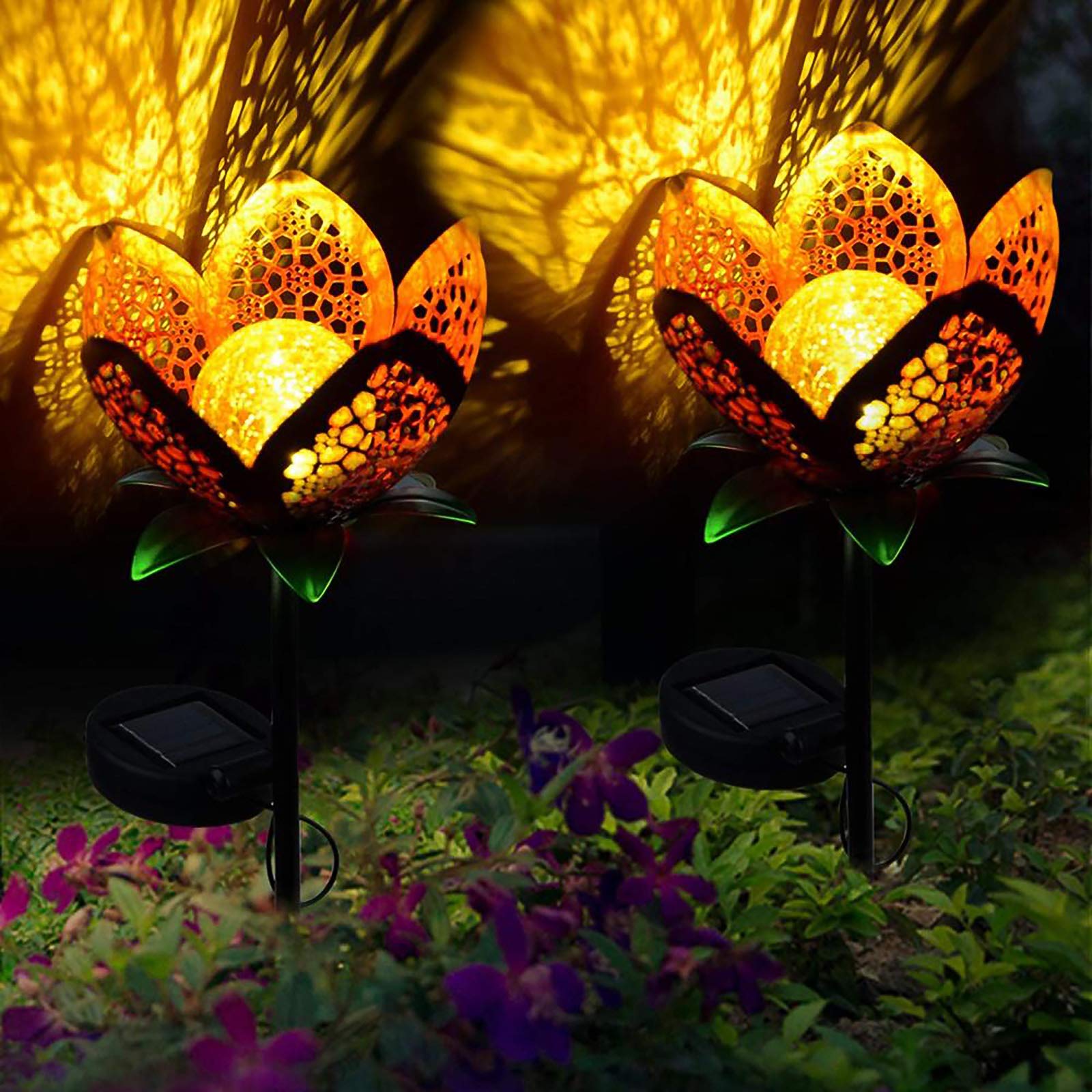 ALLOMN Solar Lights Garden Outdoor, 2PCS Outdoor Pathway Decorative Lamp Lights Solar Landscape Light IP65 Waterproof Path Lawn Yard Garden Lamps Pretty Flower Design (Hollow Flowers, 2 PCS)