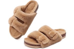 KIDMI Fuzzy Slippers Women with Cork Footbed Fluffy Slides Open Toe Indoor House Shoes | Arch Support | Adjustable Buckles