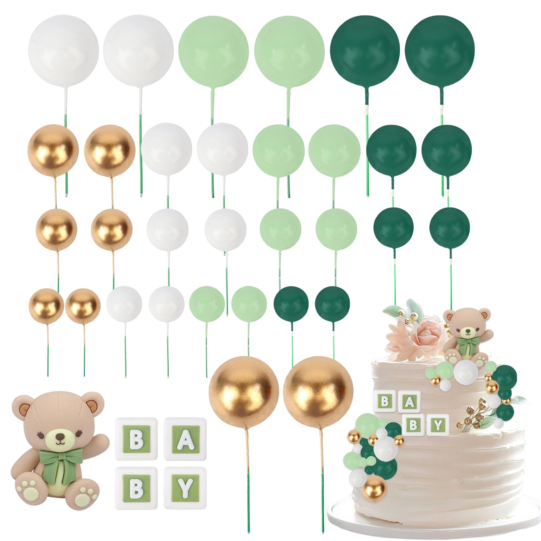 34Pcs Baby Shower Cake Toppers Mini Balls Cake Topper Bear Cake Decoration Baby Letter Toppers for Baby Shower Birthday Animals Theme Party Supplies