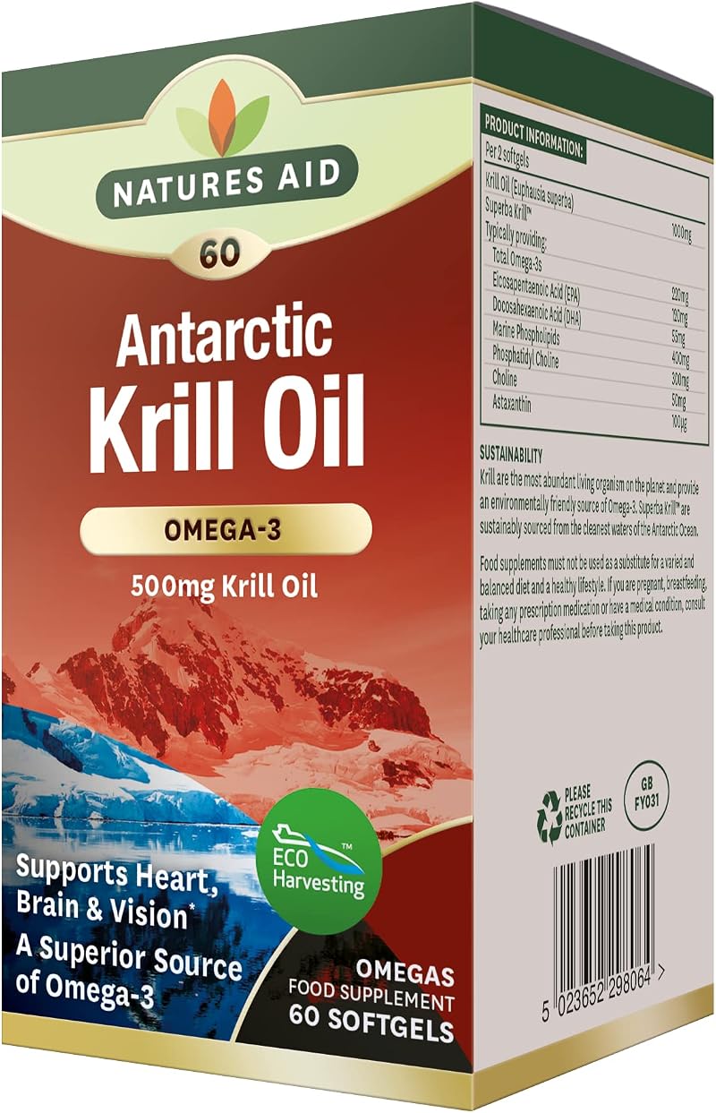 Natures Aid Krill Oil 500mg 60 Softgels High Omega-3 EPA DHA Astaxanthin