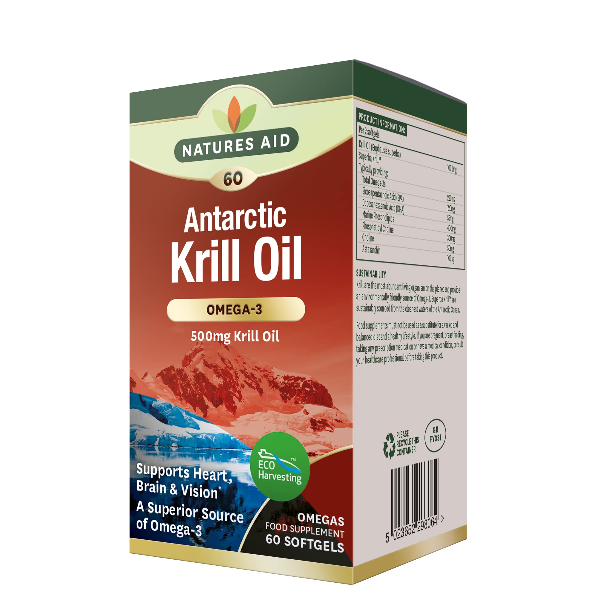Natures Aid Krill Oil 500mg Capsules – High Omega-3 EPA & DHA to Support Heart, Brain & Vision – High Absorption Phospholipids & Astaxanthin – Sustainably Sourced – No Fishy Aftertaste – 60 Softgels