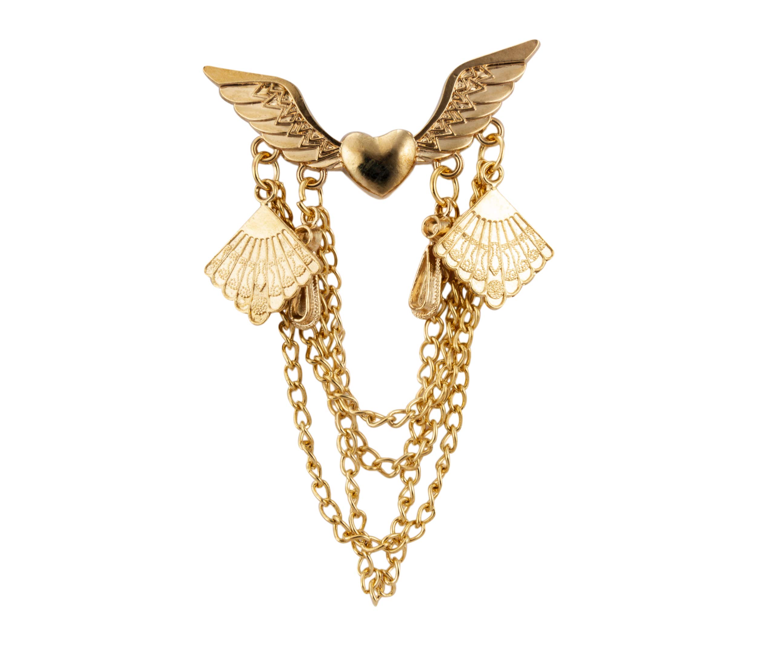 Brooch Lapel Pin for Men Gold Winged Heart with Chain and Emblem Detailing Lapel Pin Badge Coat Suit Wedding Gift Party Shirt Collar Accessories