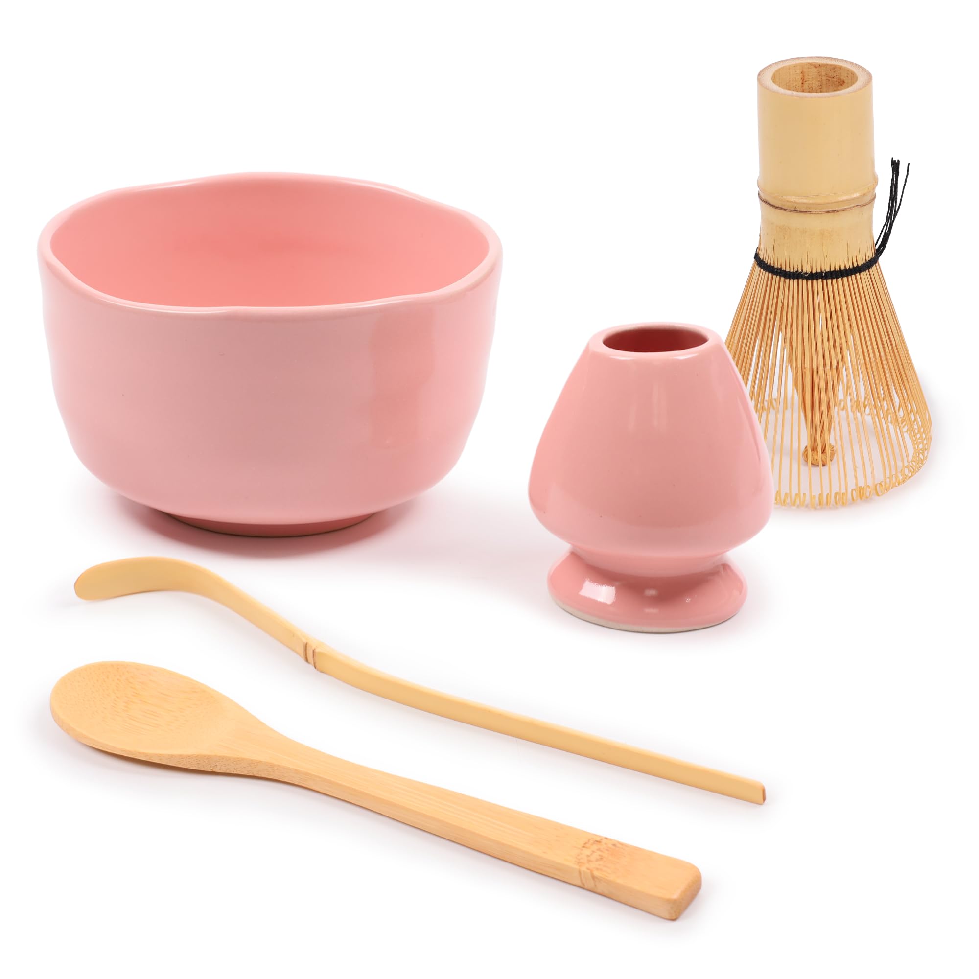 BambooMN Brand - Matcha Bowl Set (Includes Bowl, Rest,Tea Whisk, Chasaku, & Tea Spoon) 1 Set Pink