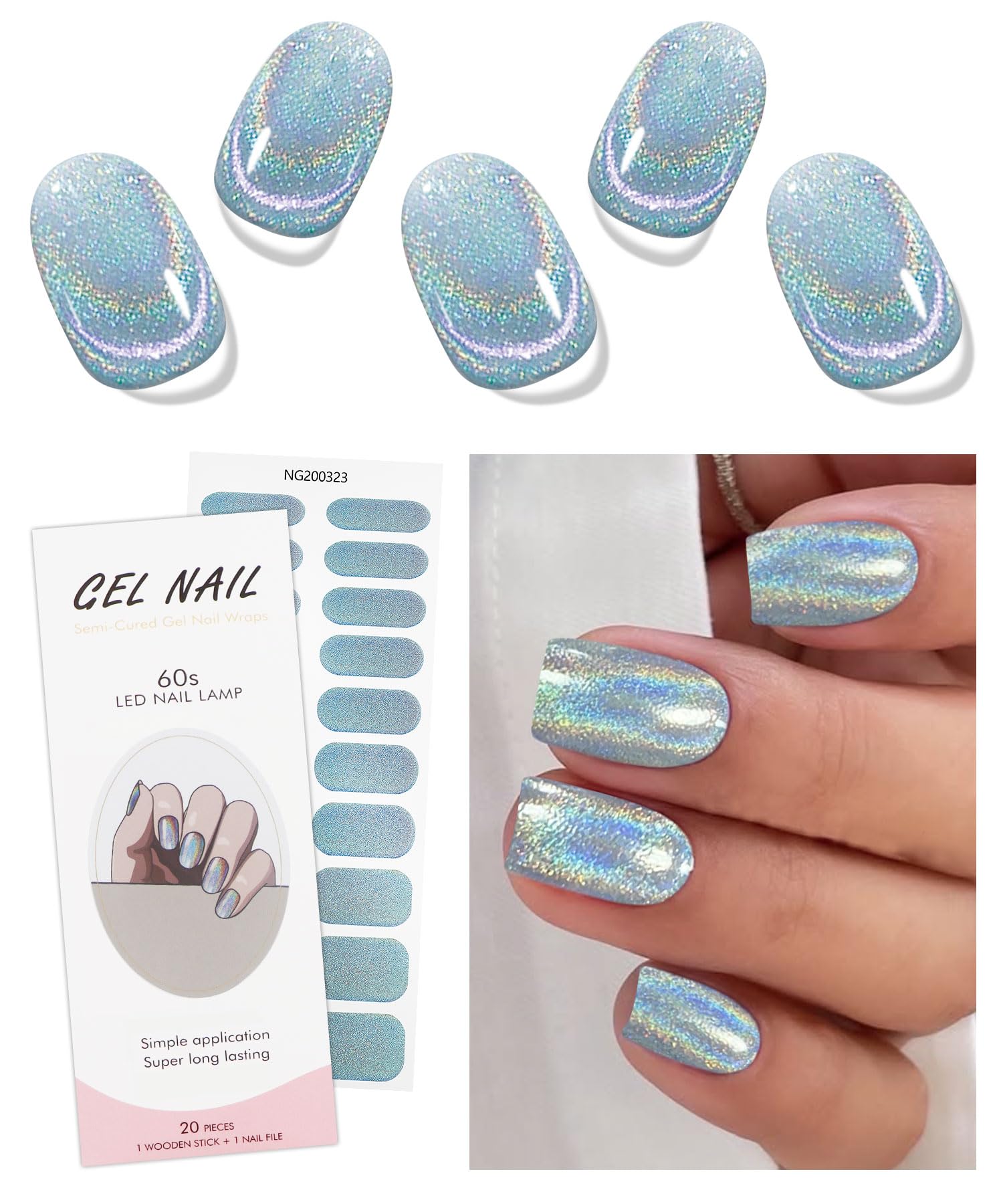 JMEOWIO Gel Nail Stickers Blue Purple Glitter Semi Cured Gel Nail Strips Wraps UV/LED Nails Art Design Decoration Accessories