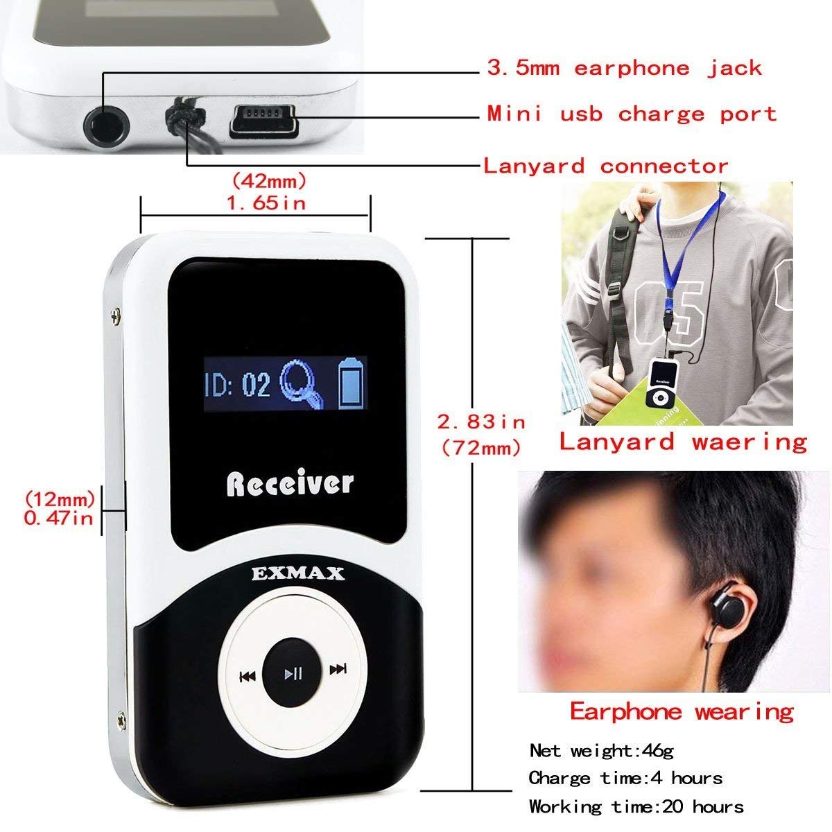 EXMAX® ATG-100T 195MHz Wireless Tour Guide System Simultaneous Translation Interpreting Equipment for Church Translator in Your Ear Translation Devices 1 Transmitter 15 Receivers + Charge Station