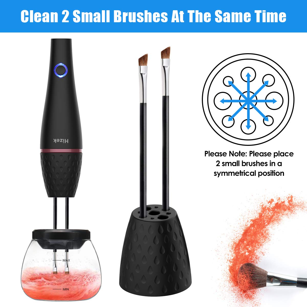 Makeup Brush Cleaner,Hizek Electric Makeup Brush Cleaner Spinner,USB Rechargeable Fast Automatic Brush Cleaner & Dryer Cosmetic Brush Washing Tools with 8 Rubber Collars,Cleaning 2 brushes at Once: Beauty