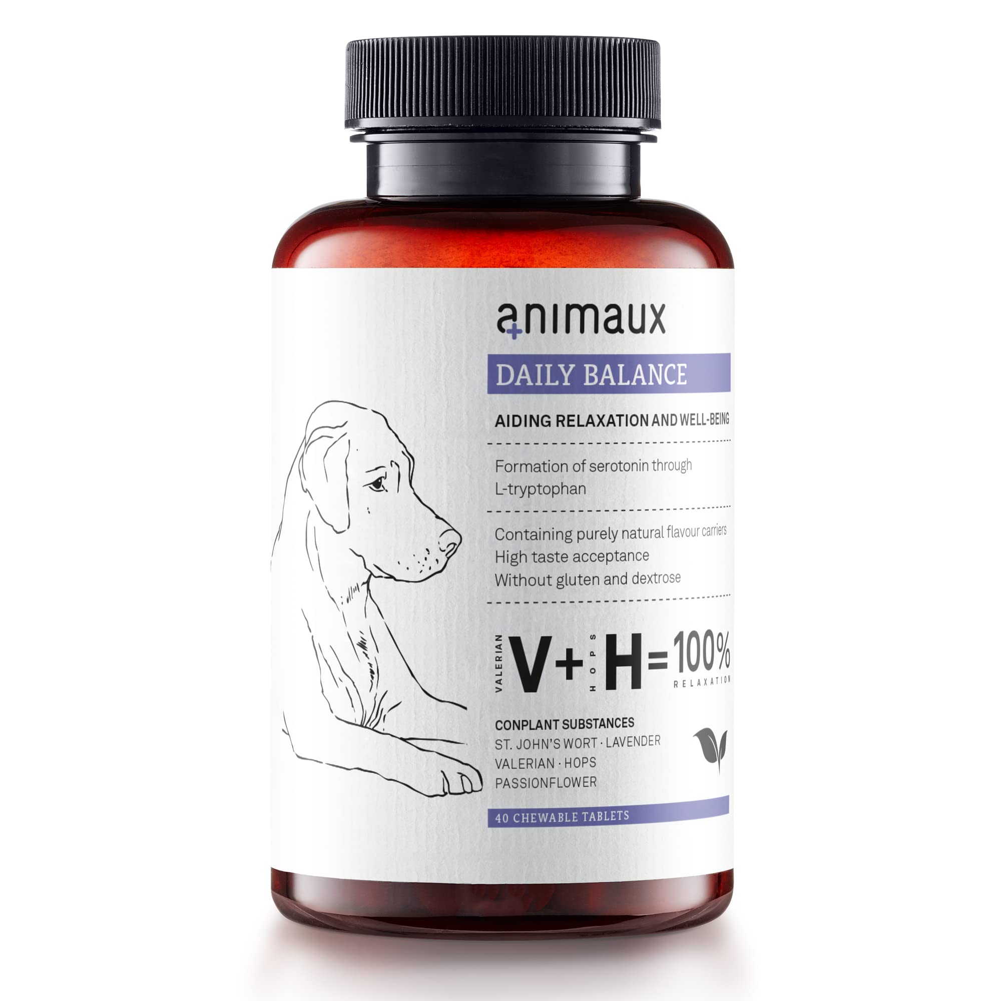 animaux Daily Balance – 40 chewable tablets – Herbal calming treats for dogs with anxiety, stress & nervousness, with Valerian, St. John's Wort & Lavender