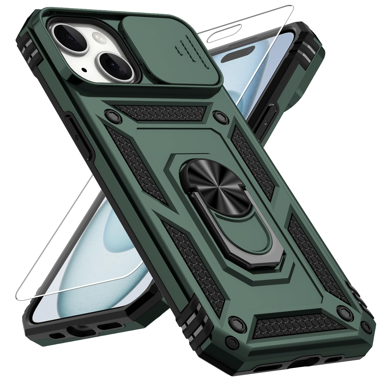 Vinve for iPhone 15 Case, Slide Lens Cover, HD Screen Protector, Military Grade Drop Protection, Magnetic Rotated Ring Holder Kickstand Protective Phone Case (Pine Green)