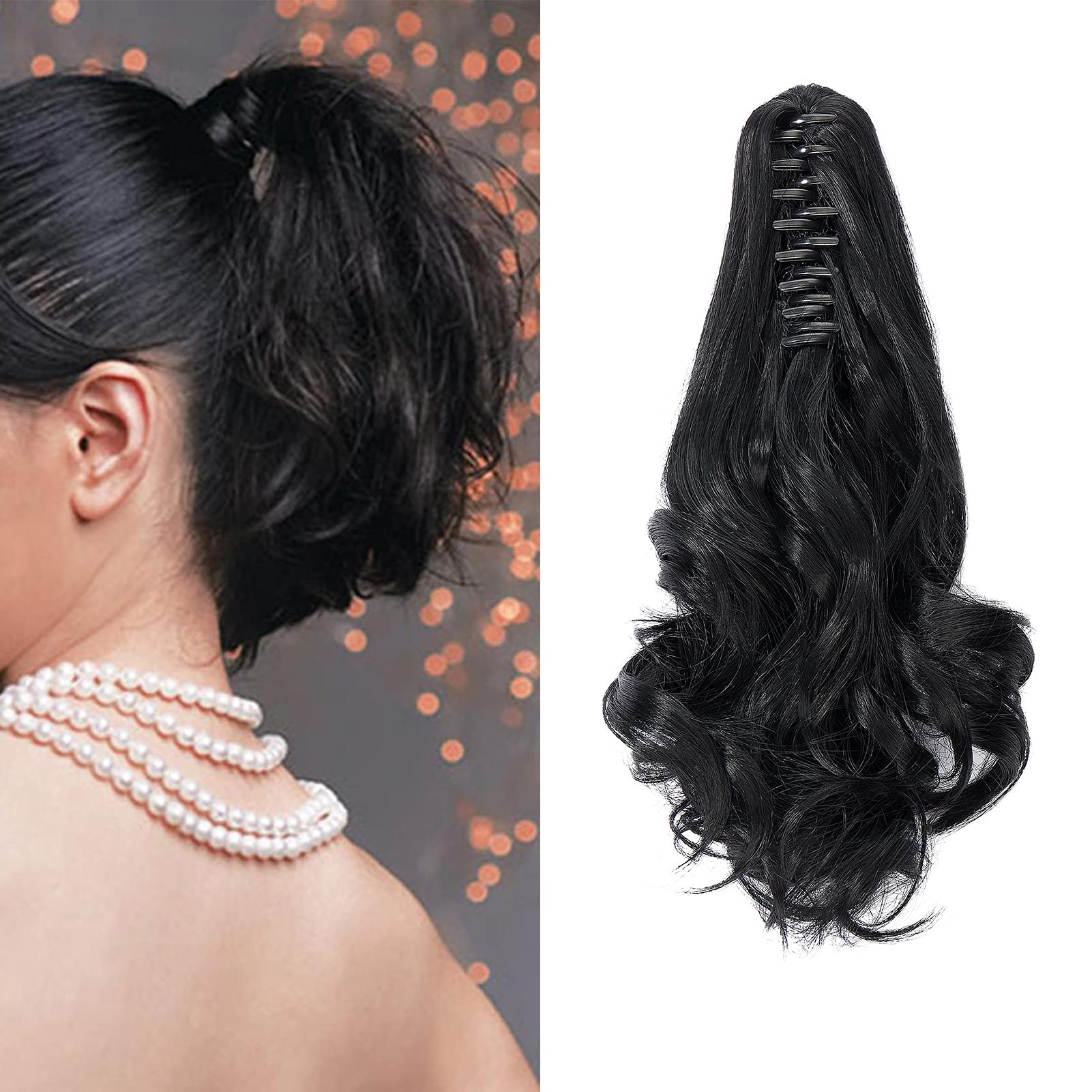 Cybelleza 12 inch Ponytail Hair Extension Curly Wavy Claw Jaw on Long Short Cute Pony Tails Clip in Hair Extensions Hairpieces Synthetic for Women (Black)